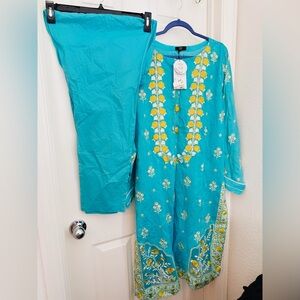 Turquoise and Yellow Embroidered Dress 2 pc